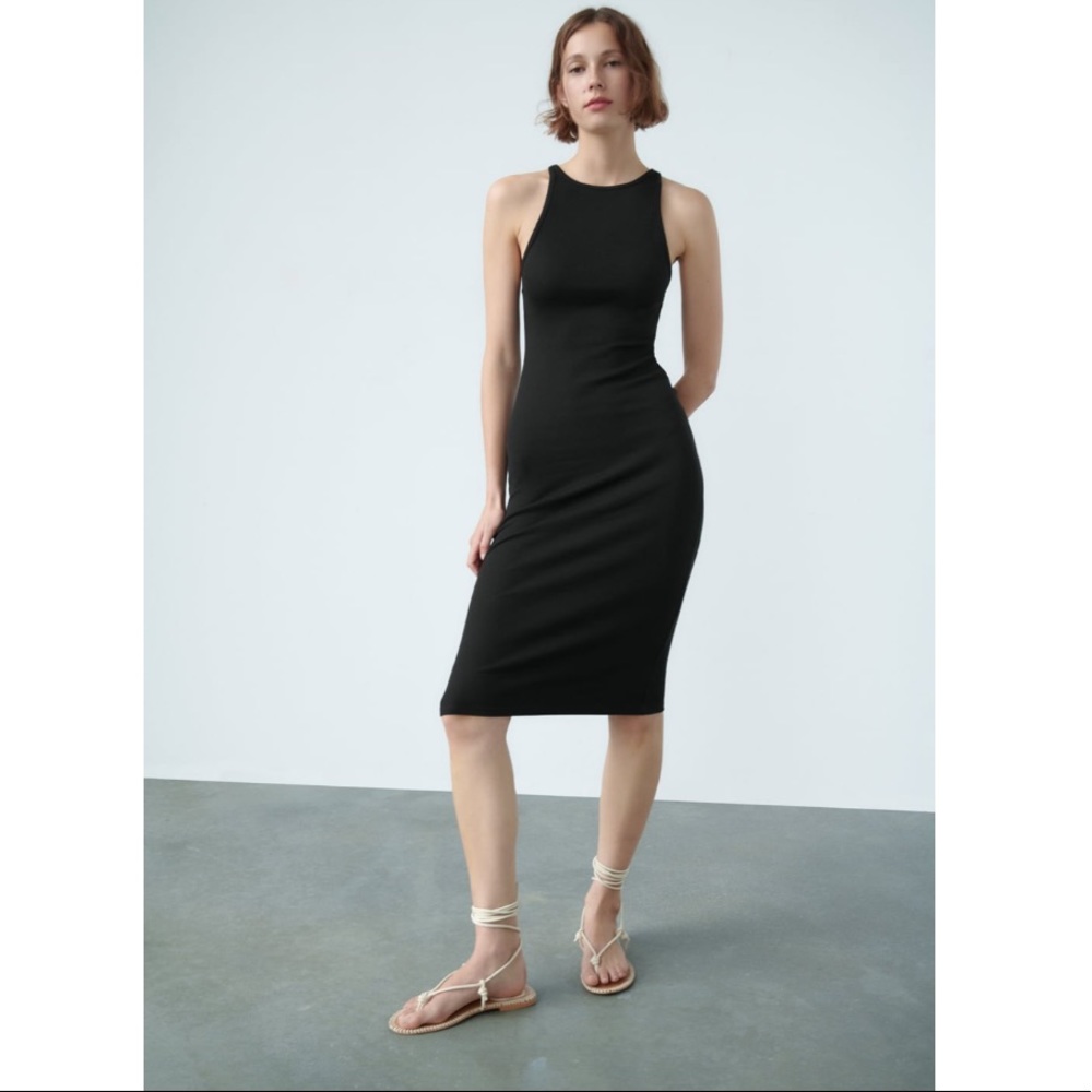 NWT ZARA Ribbed Fitted Knit Racerback Midi Dress Black Medium